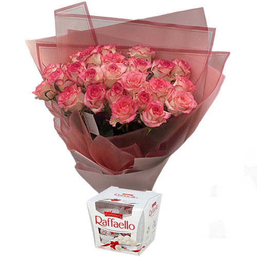 Фото товара 25 рожевих троянд із цукерками в Ужгороде